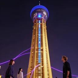 scrumptious golden tower with dyson sphere on the top, blumps in the sky, by wenjun lin, by artem chebokha, by alena aenami, by ian llanas, 4 k, cyber punk style, glowing blue veins, purple glowing wires
