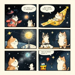 a retro comic strip of cats in space