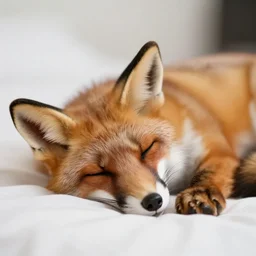 a cute photograph of a fox lying in bed sleeping, eyes closed, soft focus, studio lighting, 50mm