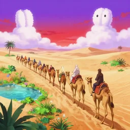 anime muslims journeying across an enchanted isekai desert ocean on camel through a lush oasis, heatwaves anime aesthetic, bright purple and red sky. pond off to the side, bunny shaped clouds by greg rutkowski