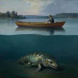 style of hubert robert, over - under shot, below water creature lurking under the water, lake, above water man on boat above water, evening, stars