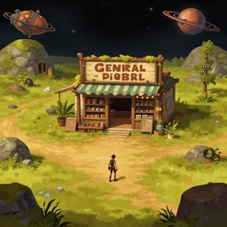 in front of a general store in a remote outpost, on an alien planet, from a space themed point and click 2 d graphic adventure game, set design slightly inspired by tomb raider, art inspired by thomas kinkade and mark keathley