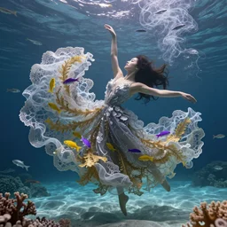 woman dancing underwater wearing a flowing dress made of many translucent layers of silver and gold lace seaweed, streaks of yellow purple fish, delicate coral sea bottom, swirling silver fish, swirling smoke shapes, unreal engine, caustics lighting from above, cinematic, hyperdetailed
