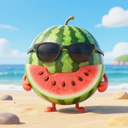 a watermelon character wearing sunglasses at a beach,3D render octane