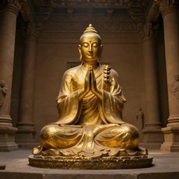 a golden statue of a monk praying inside if a desert temple, atmospheric lighting, 4 k