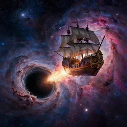 a beautiful illustration of a black hole devouring a pirate ship in a galactic nebula, art of greg rutkowski and magali villeneuve and artgerm, featured on artstation, vertical orientation, paint brush strokes