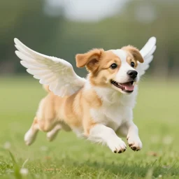 a happy flying dog with wings