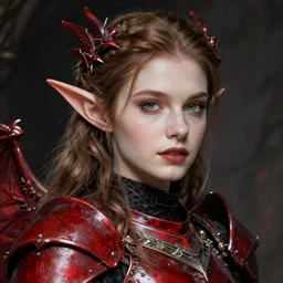 Gothic elf princess in red dragon armor by Konstantin Razumov, face close up