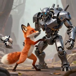 anthropomorphic fox fighting a mechanical monster