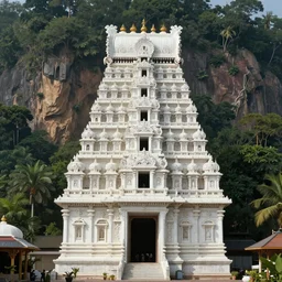 a 64 bit Colossal beautiful hindu temple, Ornate architecture, carved in white marble, Cliffside, lush jungle, Atmosphere, Dramatic, realistic painting, classical painting, high definition, digital art, matte painting, very detailed, realistic, Unreal Engine, octane render, vray, 4k, super wide angle