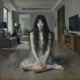 a beautiful woman sitting in the floor, inside a modern apartment, intricate oil painting, hyperdetailed, ominous, ethereal, dramatic lighting, by jeremy mann and ruan jia and lawrence alma - tadema