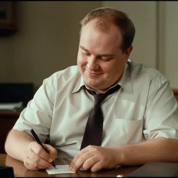 clean - shaven chubby white man wearing a shirt and necktie sitting at a desk writing on a small card, smiling, 1 9 8 9 movie still, tv scan lines, cinematography, cinematic lighting