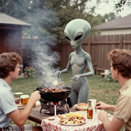 vintage photograph, grey alien at a 6 0 s era backyard barbeque, faded, grainy,
