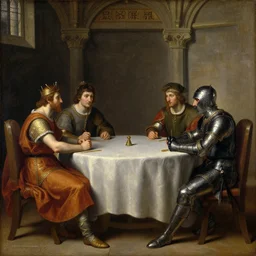 oil painting of king arthur and lancelot sitting at the round table in camelot, artemisia gentileschi