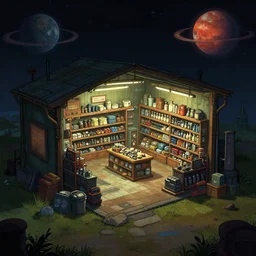 inside a hardware store, in a small remote outpost, on a remote planet, cyberpunk style, from a point and click 2 d graphic adventure game, set design inspired slightly by tomb raider, art inspired by [ [ thomas kinkade ] ] and [ mark keathley ]