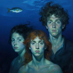 hyperrealist portrait underwater dark ocean, blue lighting, floating fish by lucian freud and victo ngai and alphonse mucha very detailed faces