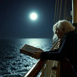 old woman from the movie titanic with white hair leaning over the railing of a ship and throwing the jumanji board game overboard at night, scene from titanic movie, film still, medium shot, lit by bright moonlight