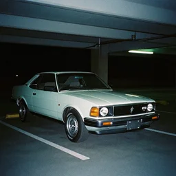 retro 90s 97’ film photo harsh flash. Night time dark dimly lit parking lot. 1996 blue Subraru WRX STi front side view. ((Polaroid)) harshflash amateur photo