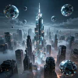 mega detail, gigantic city, random metaballs, diamond glass, city inside is distorted by light refraction, night fog, clouds, the matrix, in a battle, video game