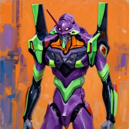 purple green orange color, neon genesis evangelion unit 0 1 portrait, by ashley wood, yoji shinkawa, jamie hewlett, 6 0's french movie poster, french impressionism, vivid colors, palette knife and brush strokes