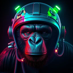 movie poster of an ape head with a steampunk space helmet with multicolored glowing tubes and cables, crisp, trippy, fluorescent colors, insanely detailed, 3 d render, front shot, 3 5 mm