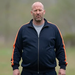 overweight jason statham in a track suit, judgmental