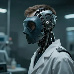 a half - masked observant young laboratory engineer man with cybernetic enhancements as seen from a distance, scifi character portrait by greg rutkowski, esuthio, craig mullins, 1 / 4 headshot, cinematic lighting, dystopian scifi gear, gloomy, profile picture, mechanical, half robot, implants, gorepunk