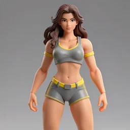 an action - figure of a voluptuous, muscular, woman with long brown, wavy hair, grey, yellow, 8 0 s, 8 k, high - res, cinema 4 d