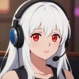 high quality portrait of a cute red eyed girl with long white hair wearing a headset. art by yoh yoshinari makoto shinkai ilya kuvshinov, crunchyroll, pixiv, danbooru, hd, headshot, cinematic still, detailed anime face!!!, bokeh, digital art, cel shading, vivid colors, ambient lighting