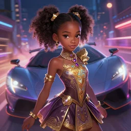 light skinned african american petite girl innocent face with a sports car, night life, neon glow, race, speed, lights, lens flare, gorgeous clothes, d & d, fantasy, intricate, elegant, highly detailed, digital painting, artstation, concept art, matte, sharp focus, illustration, hearthstone, art by artgerm and greg rutkowski and alphonse mucha, by wlop, cinematic atmosphere