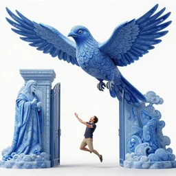 a man yelling at an intricate giant blue bird purgatory, paisley cloud pattern, god at the gate, award winning composition, vibrant neon nebulous clouds, symmetrical details, hyper realistic illustration, radiant light rays, photorealistic illustration, intricate and fine details, volumetric lighting, artstation