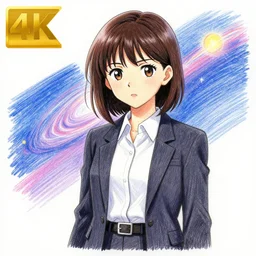 drawn anime woman in business clothing, crayon art, very silly, very anime, trending artwork, 4 k, vibrant and dynamic, 🌌