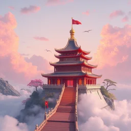 a chinese - style castle on a cloudy deck, rose, colorful, digital illustration, light effect, 4 k, macro lens, octane rendering,