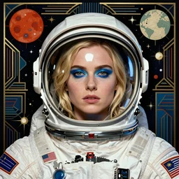 the actress, eva green in space, art by coles phillips, eva green as a french astronaut from the year 2 5 0 0, blonde hair, blue makeup, green eyes, reflective visor, space agency decals, shiny helmet, mucha, kandinsky, art deco, dark deco, sputnik, space race, the future