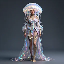 epic 3 d rendering of an absurd fashion costume that looks like jelly fish with iridescent fabrics on a reptilian super model with beautiful body features, hyper - realistic, 4 k, octane render,
