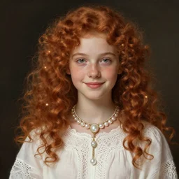 portrait of teenage aphrodite, light freckles, curly copper colored hair, smiling kindly, wearing an embroidered white linen dress with lace neckline, intricate, elegant, mother of pearl jewelry, glowing lights, highly detailed, digital painting, artstation, concept art, smooth, sharp focus, illustration, art by wlop, mucha, artgerm, and greg rutkowski