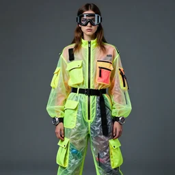 a 1 9 9 8 fashion photography portrait of a russian girl detailed features wearing a cargo pilot suit neon brights, utility chic, sheer fabrics, zippers, belts & velcro galore, goggles, big techno watches, cargo pants, that weird crinkly trash bag materialdesigned by balenciaga by norman rockwell