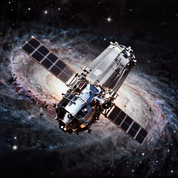 analog photo of a big chrome satellite floating through the galaxy