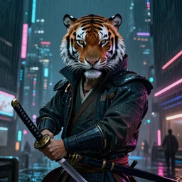 cyberpunk matte painting of samurai with tiger head, holding the katana, cyberpunk city on the background, rainy night, neon glow, artstation trending, Peter Andrew Jones, Joe Jusko, Simon Stolenhag
