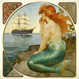 a mermaid gazing wistfully at a passing ship. Alphonse Mucha. Greg Rutkowski