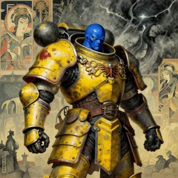 composition of gothic and futuristic, warhammer, cyber japan samurai armor, scars, more details, storm, the middle ages, blue head, yellow, highly detailed, artstation, in the style of moebius, jugendstil and classic japanese print, art by jean delville and rene magritte