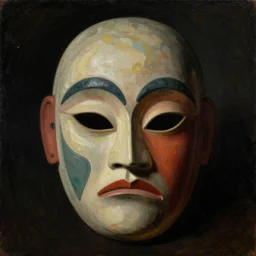 a portrait painting of intense tribal mask. pulp sci - fi art for omni magazine. high contrast. dark background. whimsical fantasy art. baroque period, oil on canvas. renaissance masterpiece. muted colors, soft gradients. trending on artstation. retrofuturism.