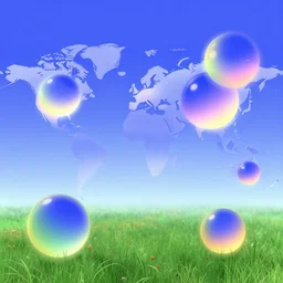 a world with orbs flying over a meadow with blue sky. slick, futuristic design. colorful soft gradients, translucence. pre - 2 0 0 0 s era. 9 0's computer art, early computer graphics