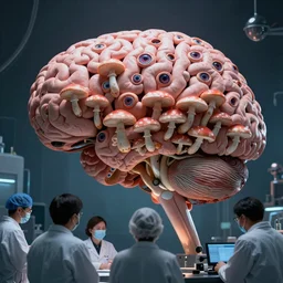 a giant brain with hundreds of muhsroom-like eyes, observed by scientists