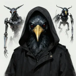 kon - dam with mask that is inverted beetle pincers gunpla droid kenku, artistically anthropomorphic black bird head. cloaked hood down, science fiction, portrait by donato giancola and greg rutkowski and wayne barlow. top all time r / imaginarycyberpunk.