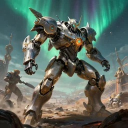 robot mech fighting hard in the battlefield, mar planet, epic scene, futuristic, arcane style, intricate, highly detailed, digital painting, artstation, concept art, cinematic, smooth, sharp focus, illustration, aurora borealis, unreal engine 5, 8 k, art by artgerm and greg rutkowski and alphonse mucha