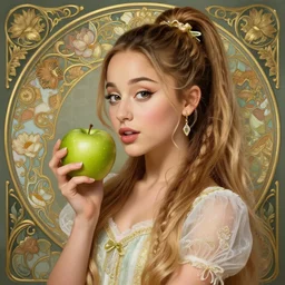 beautiful cottagecore Ariana Grande holding a Green Apple, intricate, elegant, highly detailed, digital painting, artstation, concept art, smooth, sharp, focus, illustration, art by artgerm and greg rutkowski and alphonse mucha