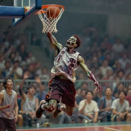 a bokeh photo of a zombie basketballer making a slam dunk, documentary film, an ultrafine detailed painting by james jean, cgsociety, figurative art, detailed painting, dystopian art, high detail greg rutkowski and andreas rocha, tristan eaton, victo ngai, artgerm, rhads, ross draws