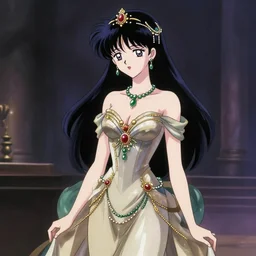 Anime sad princess in full figure wearing an exotic evening gown, heargear and jade necklace, evening, detailed painting, WLOP, Artstation