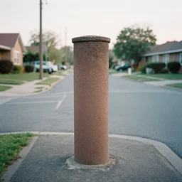 a brutalist cylinder standing in the middle of a suburban road. film, soft lighting